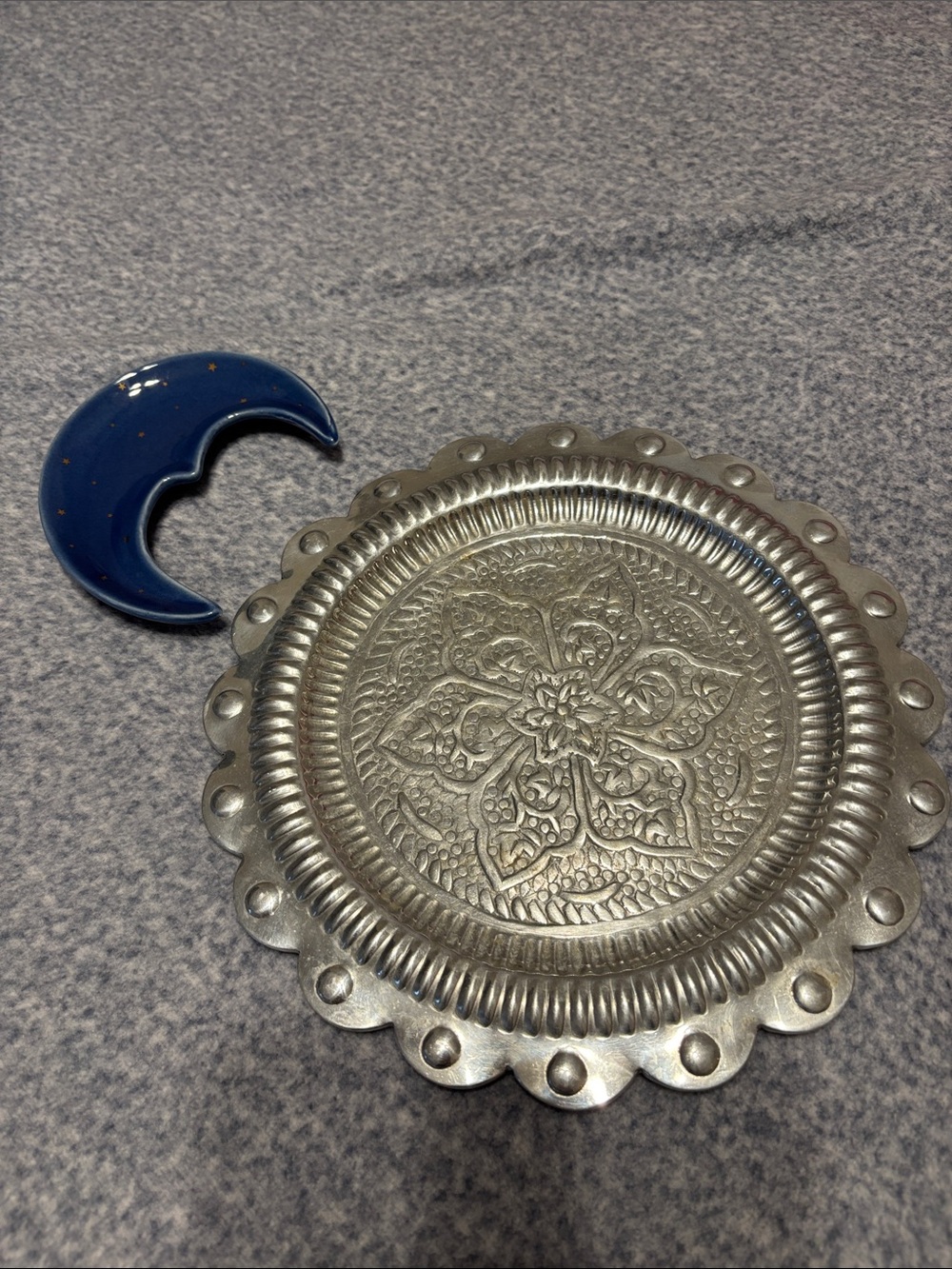 EARTHBOUND Silver Decorative Metal Tray with Blue Crescent Dish